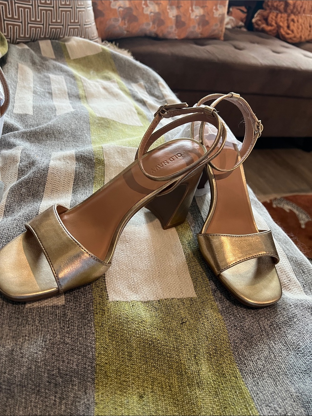 Old Navy Metallic Gold Block Heel Sandals with Ankle Strap